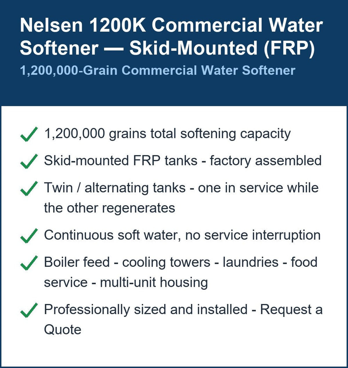 Nelsen 1,200,000 Grain Skid-Mounted Commercial Water Softener