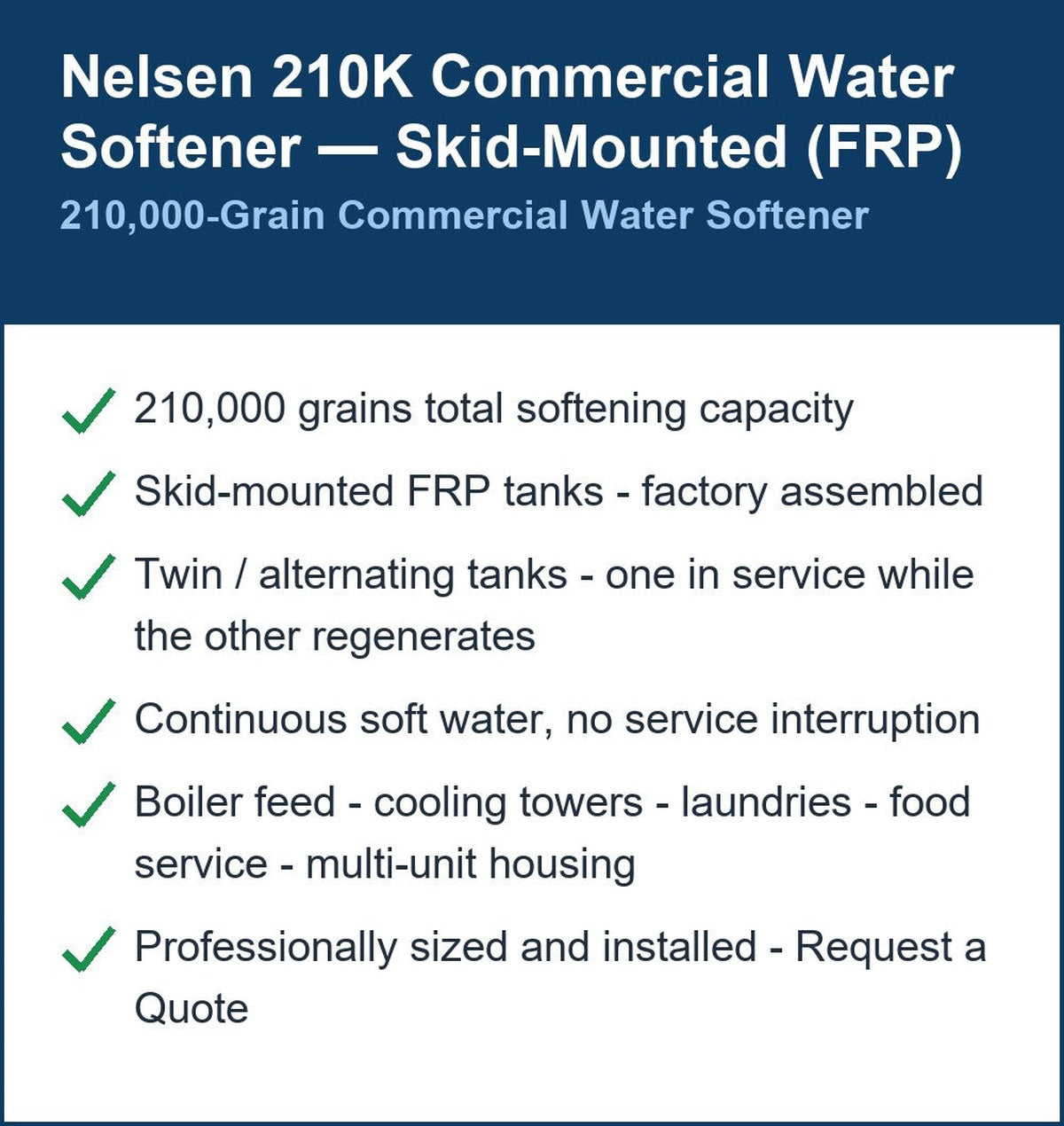 Nelsen 210,000 Grain Skid-Mounted Commercial Water Softener
