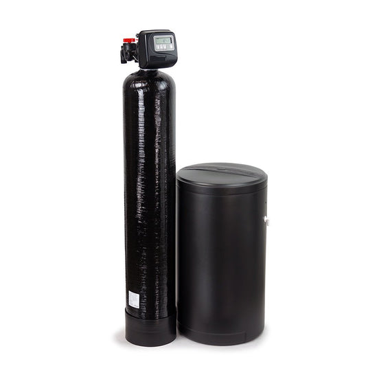 WaterSoftenerPlus hard water softener system with black mineral tank and brine tank