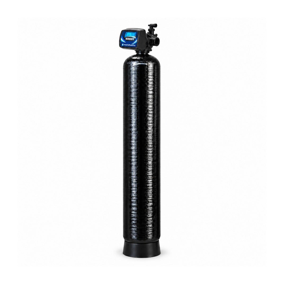 Assembled 16x65 inch composite AIO filter with approved blue and white WaterSoftenerPlus Mylar on installed head