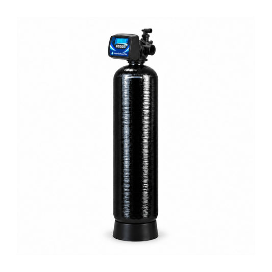 NWS15PLM 150,000 grain single commercial softener with one assembled mineral tank and approved blue and white WaterSoftenerPlus Mylar on composite head